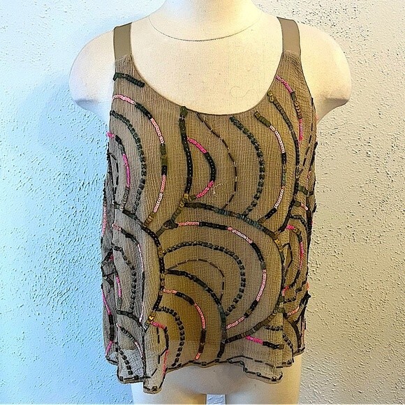 Free People Beaded Beige Tank Top Criss Cross X Back Size Small - Picture 3 of 10